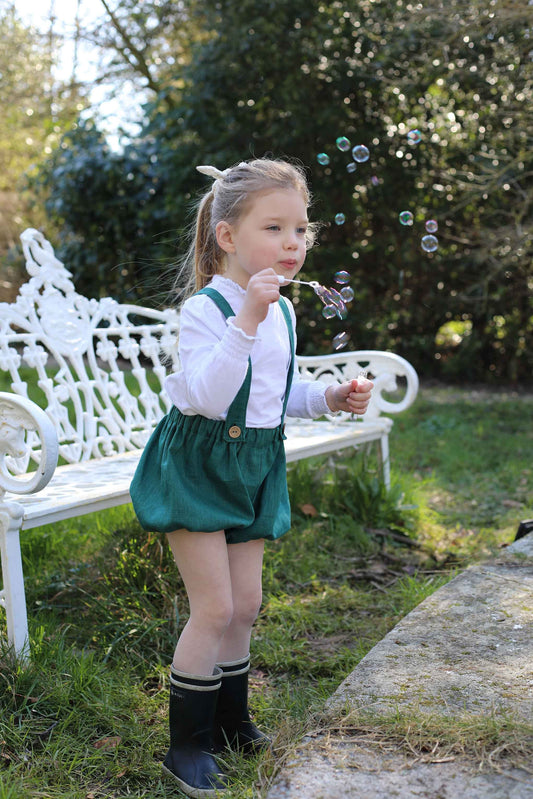 Bloomer en lin vert avec bretelles amovibles, baptêmes, cérémonies, cortèges.