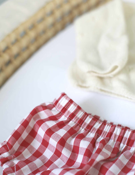 Short bouffant bébé coton vichy rouge tenue estivale élégante